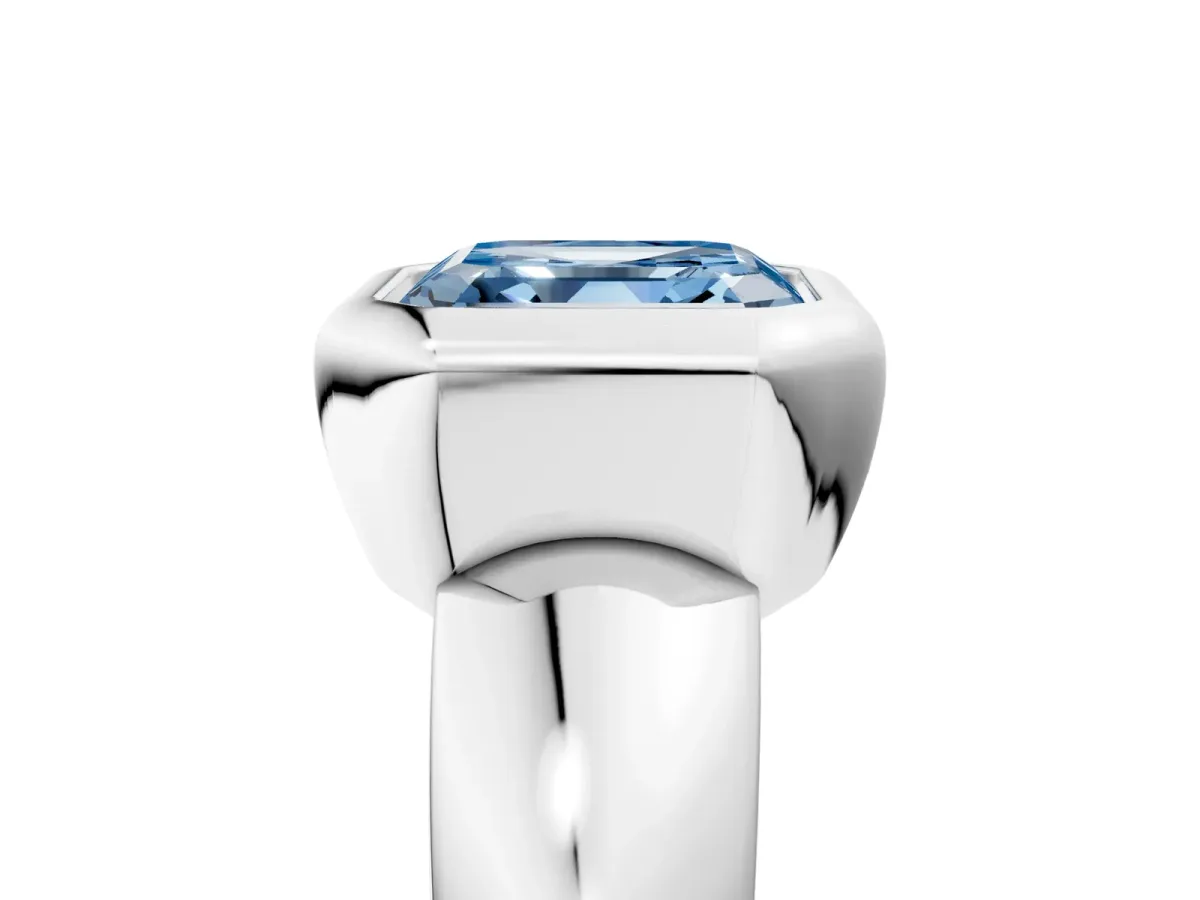 Fancy Blue Bezel Set Asscher Cut Solitaire Ring with Wide Band Platinum