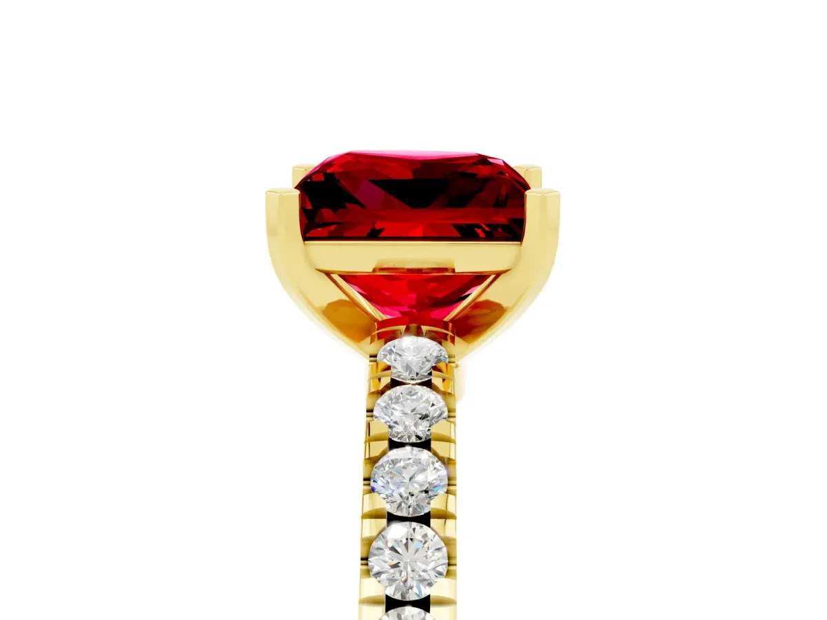 Princess Cut Solitaire Ruby with Pavé Band and Four-Prong Setting Yellow gold