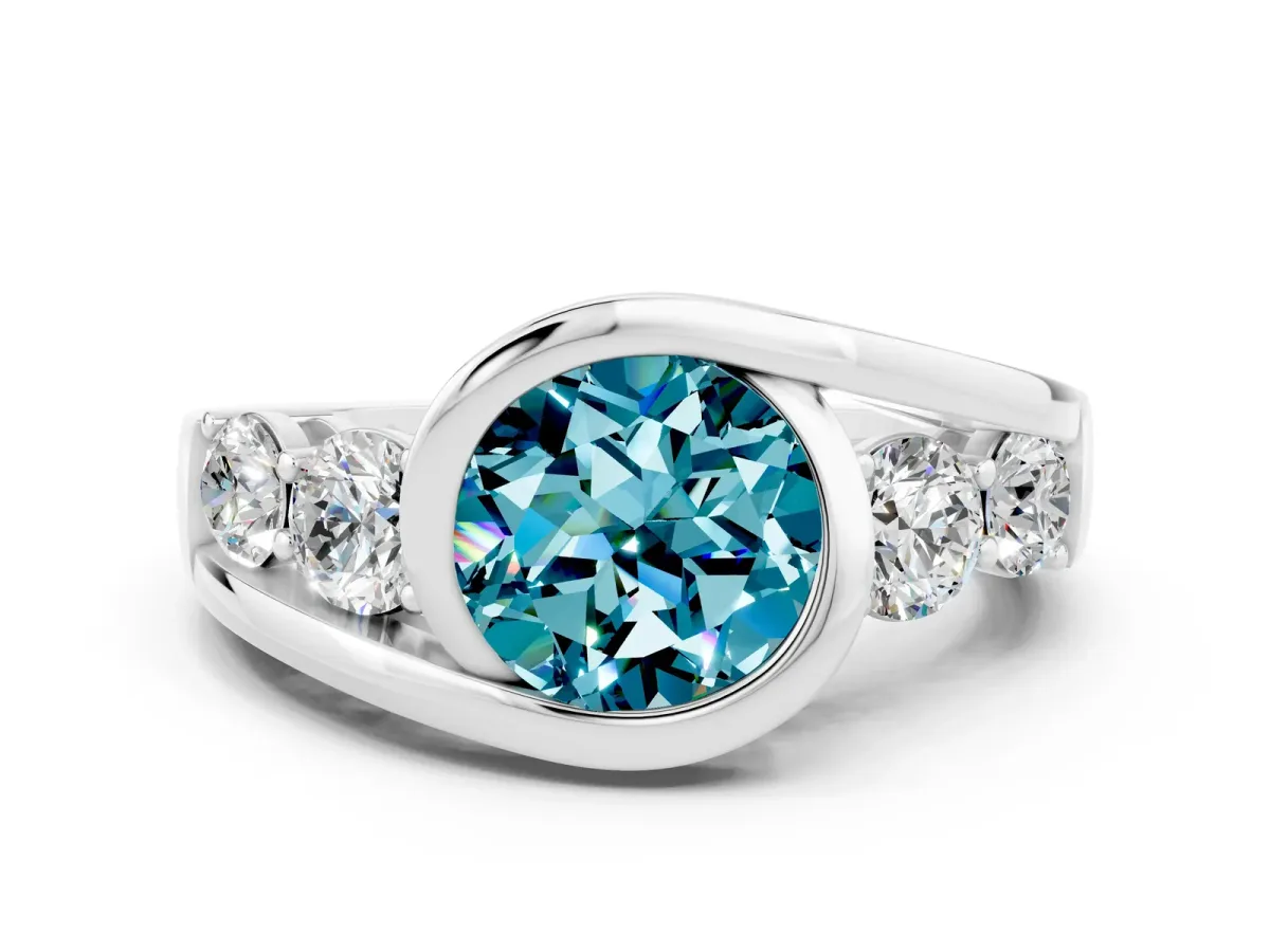 Bezel Set Round Cut Blue Topaz Bypass Ring with Round Accents Platinum