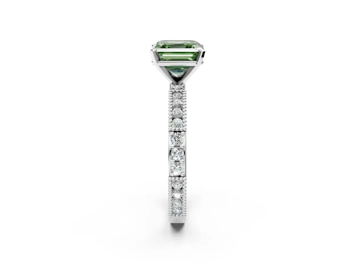 Fancy Green Asscher Cut Solitaire with Pavé Band and Four-Prong Setting Silver