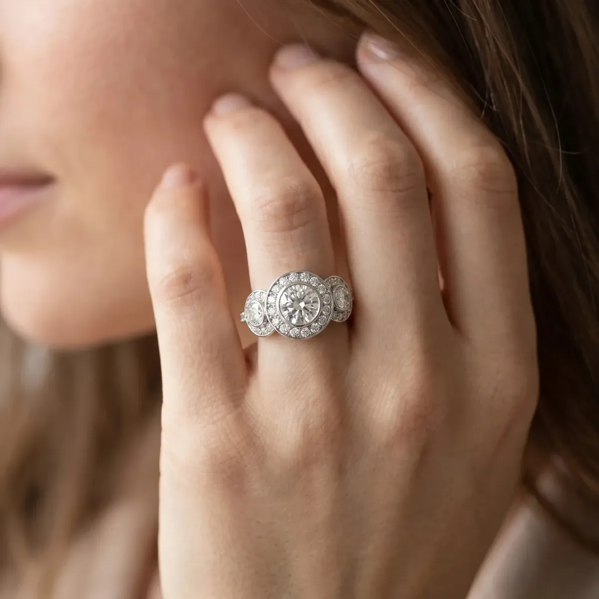 Three-Stone Asscher Cut Halo Pavé Diamond Ring Platinum