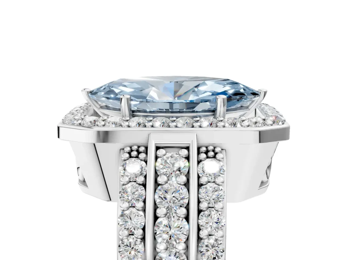 Fancy Blue Marquise Cut Halo Diamond Ring with Round Split Shank and Prong Setting Platinum