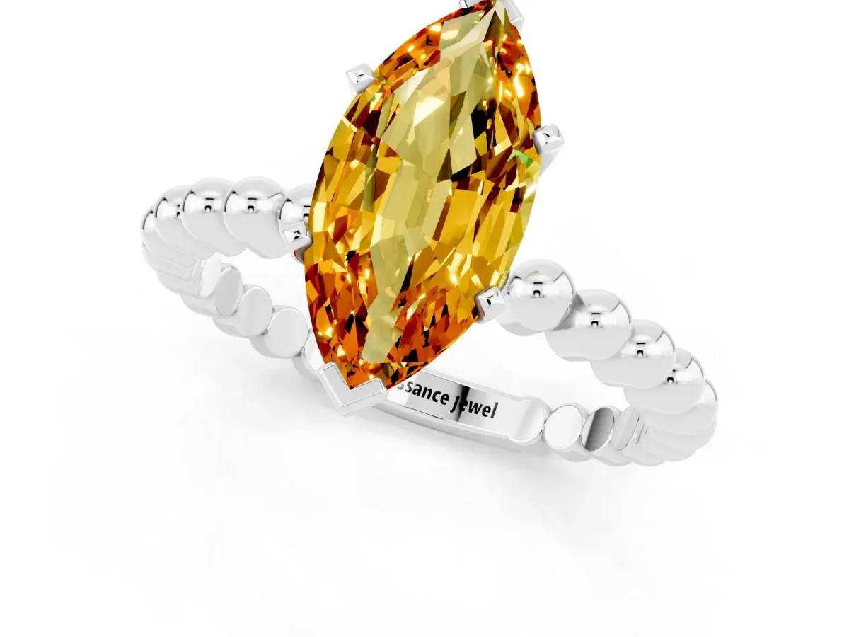 Marquise Cut Citrine Solitaire Ring with Beaded Band and Prong Setting Silver