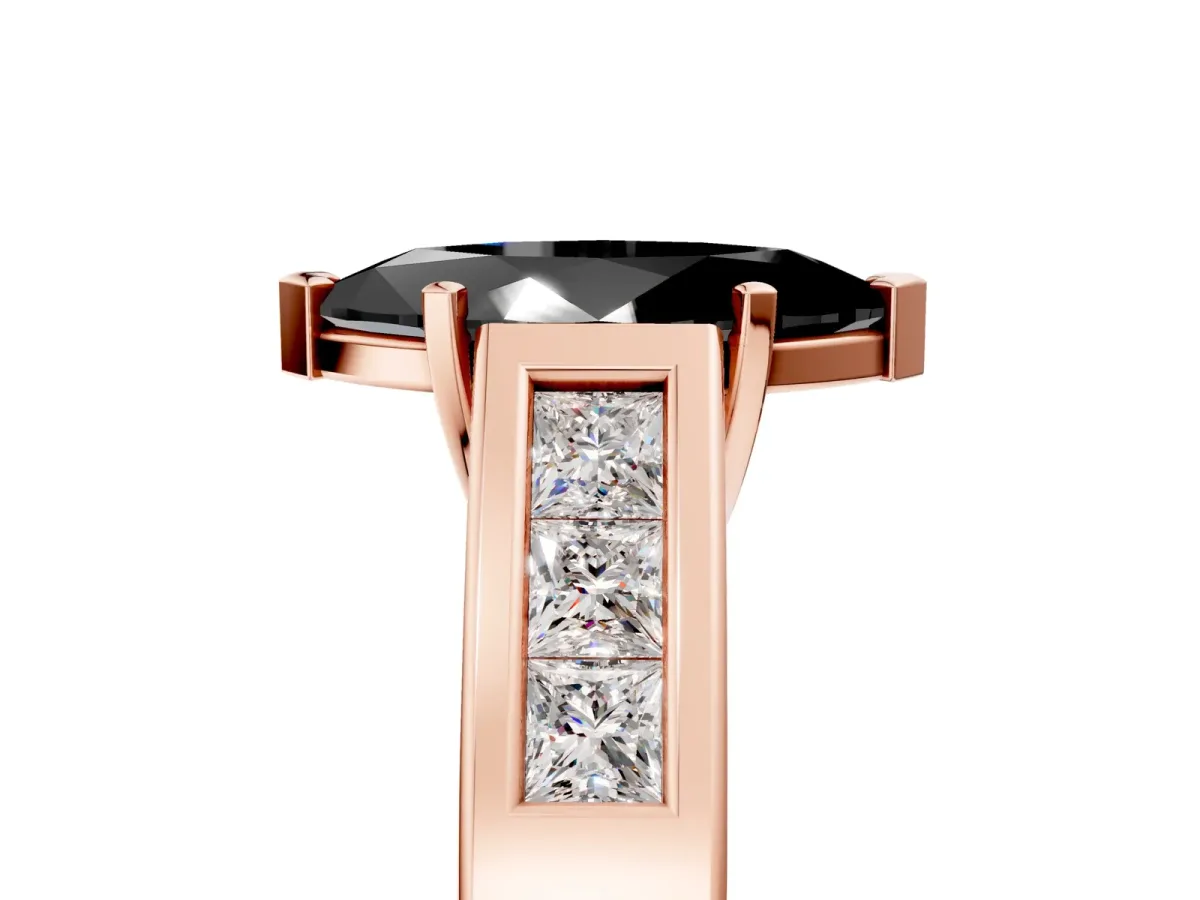 Fancy Black Marquise Cut Cut Channel Set Solitaire Ring with Four-Prong Setting Rose gold