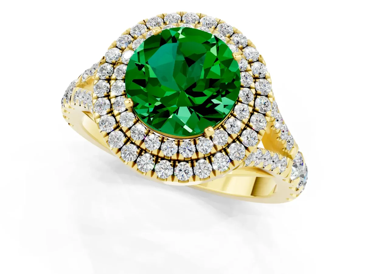 Round Cut Emerald Double Halo Ring with Split Shank and Prong Setting Yellow gold