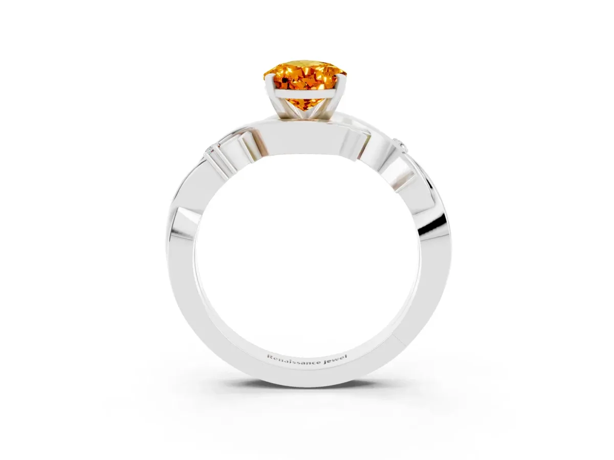 Pear Cut Citrine Solitaire Ring with Twisted Band and Prong Setting Platinum