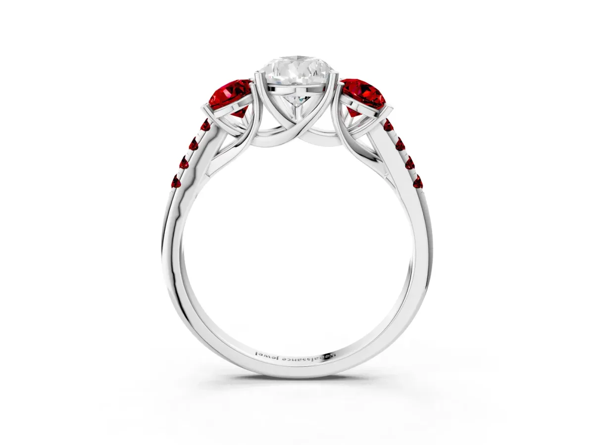 Three-Stone Pear Cut Diamond Ring with Round Ruby Pavé Band and Prong Setting Platinum