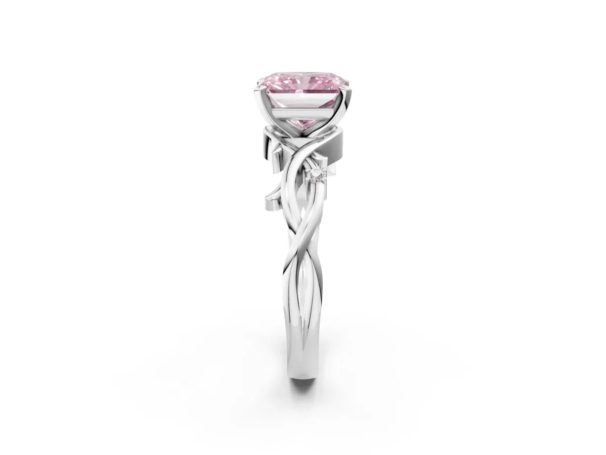 Fancy Pink Radiant Cut Diamond Solitaire Ring with Twisted Band and Prong Setting Platinum