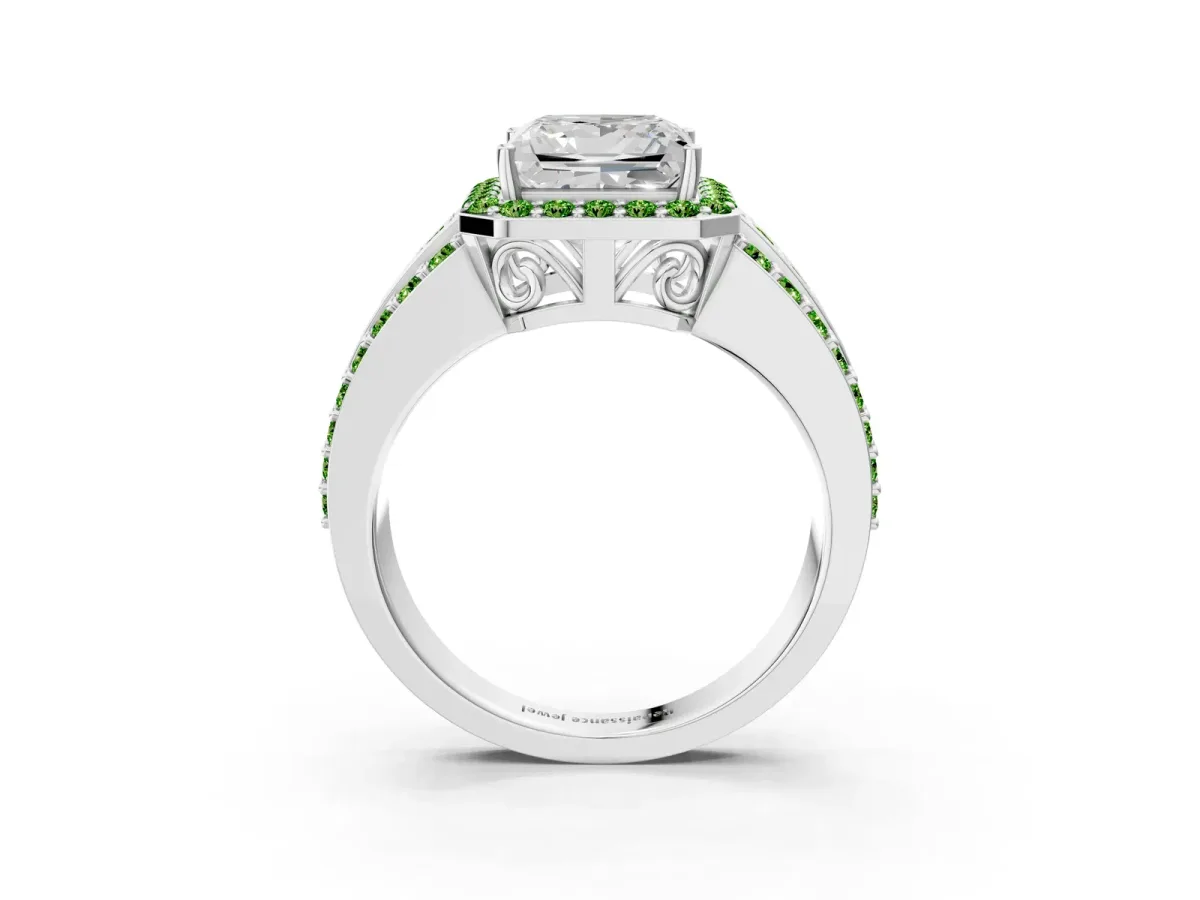 Princess Cut Halo Diamond Ring with Round Peridot Split Shank and Prong Setting Silver
