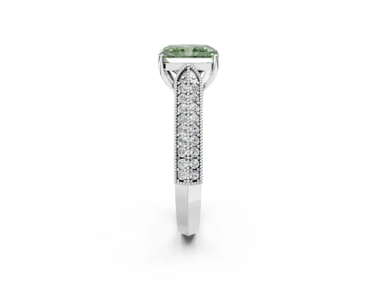 Fancy Green Radiant Cut Cut Pave Split Shank Engagement Ring with Four-Prong Setting Platinum
