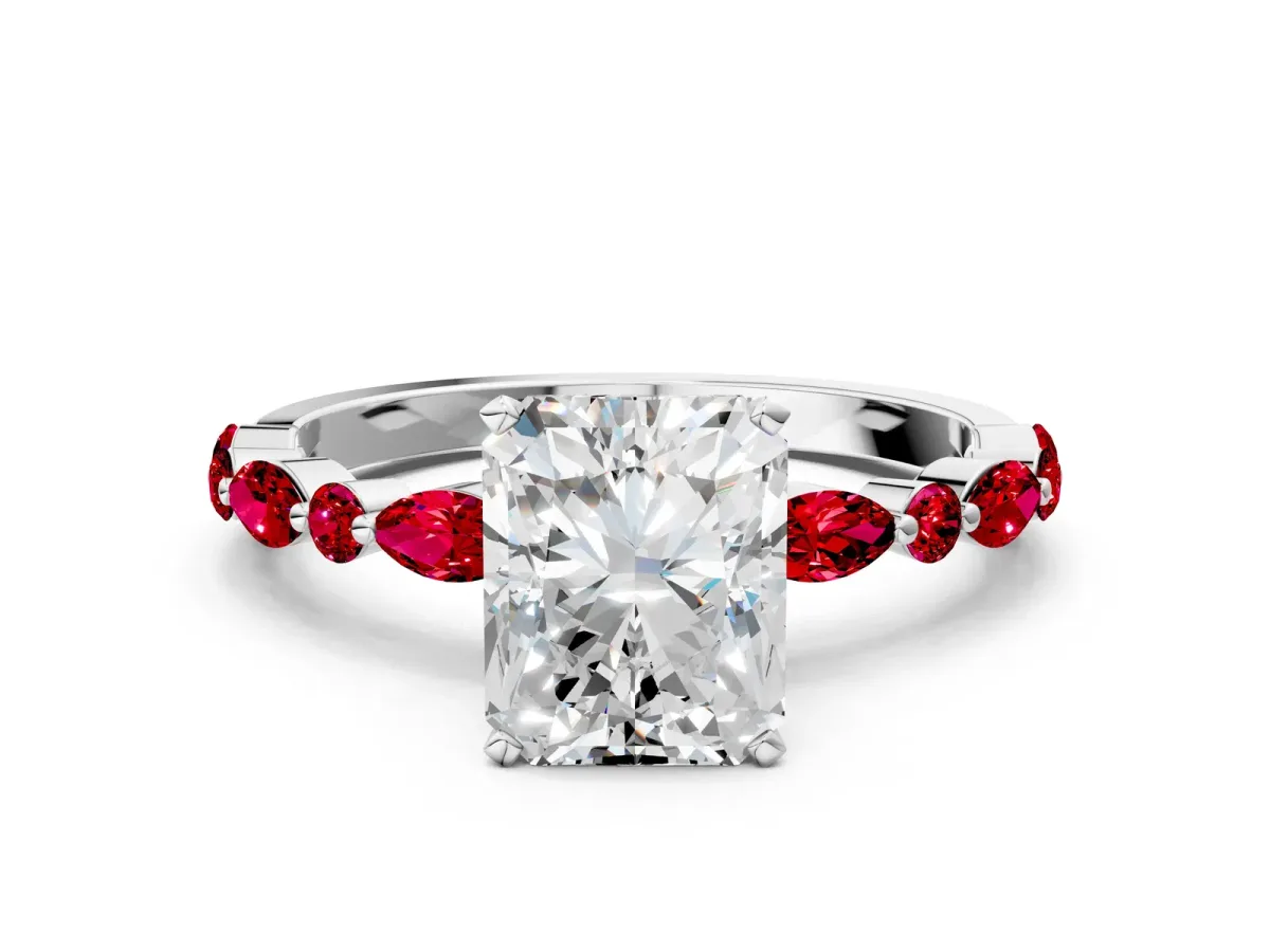 Radiant Cut Diamond Ring with Marquise and Round Ruby Side Stones and Four-Prong Setting Silver