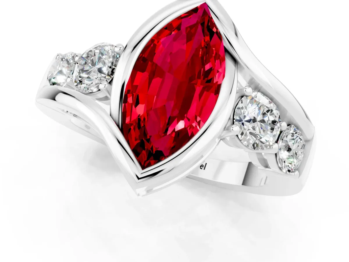 Bezel Set Marquise Cut Ruby Bypass Ring with Round Accents Platinum