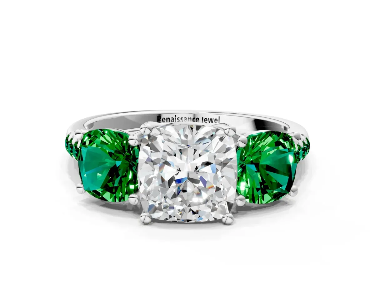 Three-Stone Cushion Cut Diamond Ring with Round Emerald Pavé Band and Prong Setting Platinum