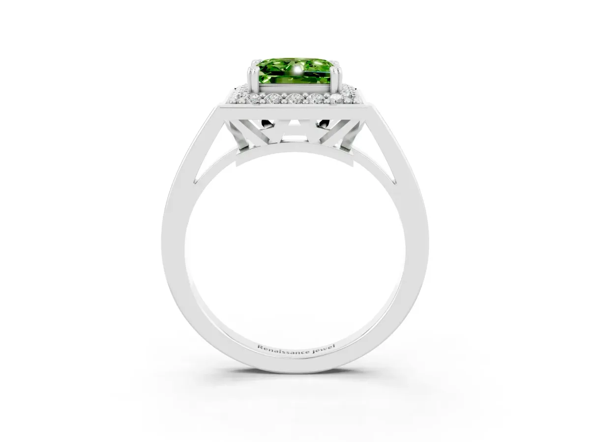 Princess Cut Peridot Halo Ring with Split Shank and Four-Prong Setting Platinum