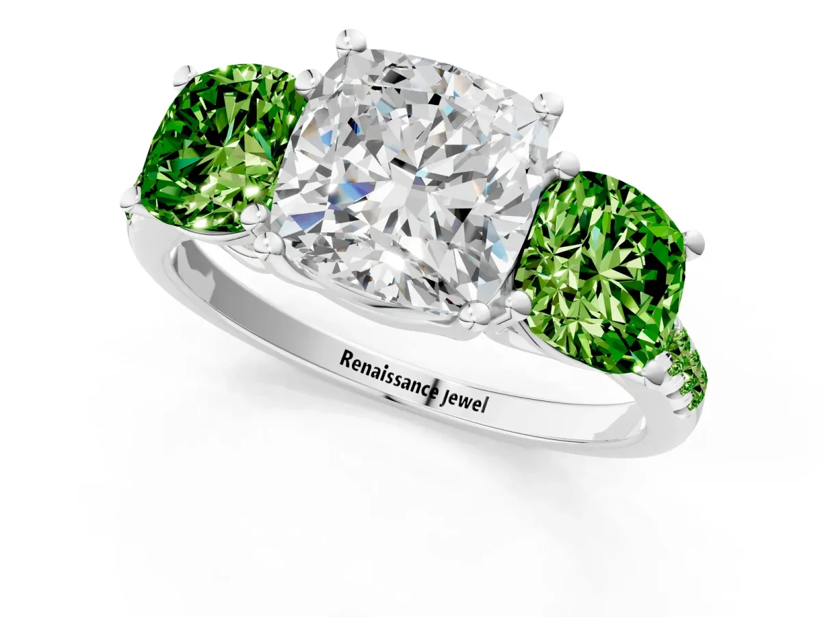 Three-Stone Cushion Cut Diamond Ring with Round Peridot Pavé Band and Prong Setting Silver