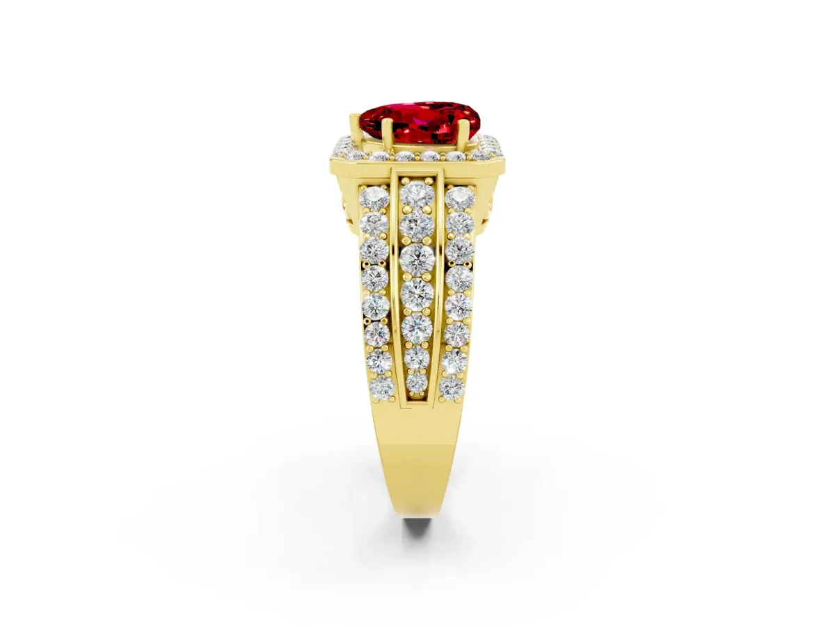 Heart Cut Halo Ruby Ring with Round Split Shank and Prong Setting Yellow gold