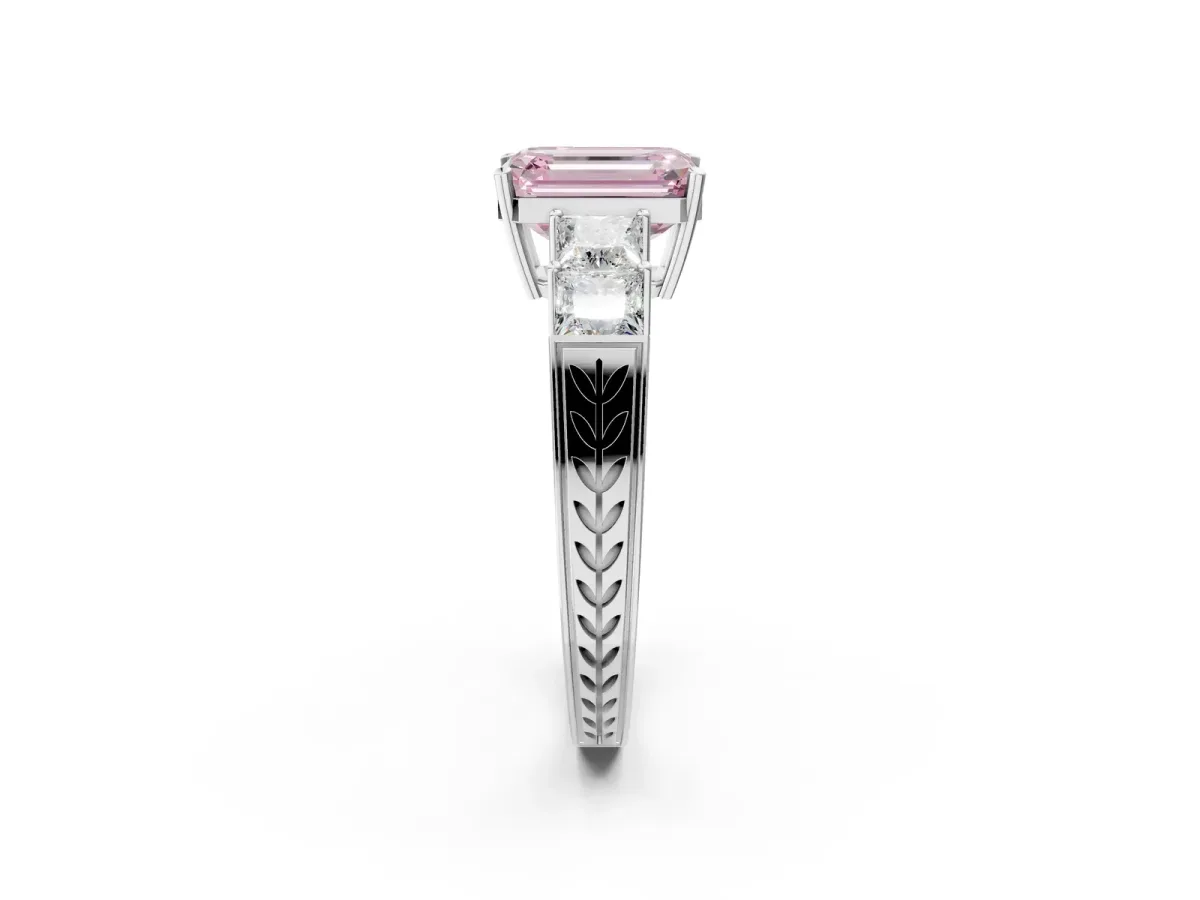 Fancy Pink Emerald Cut Solitaire Princess Side Stone Engraved Band Prong Setting Ring Platinum