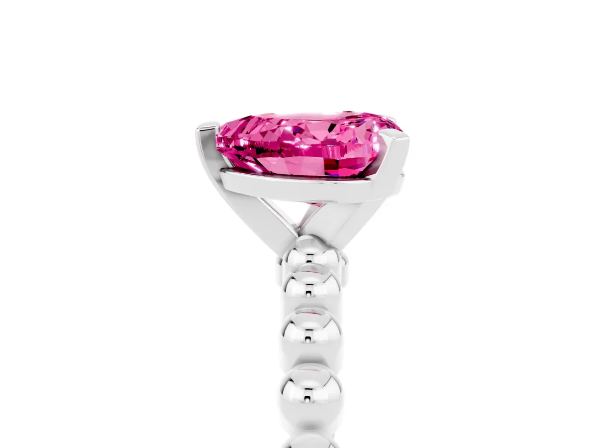 Heart Cut Pink Sapphire Solitaire Ring with Beaded Band and Prong Setting Silver