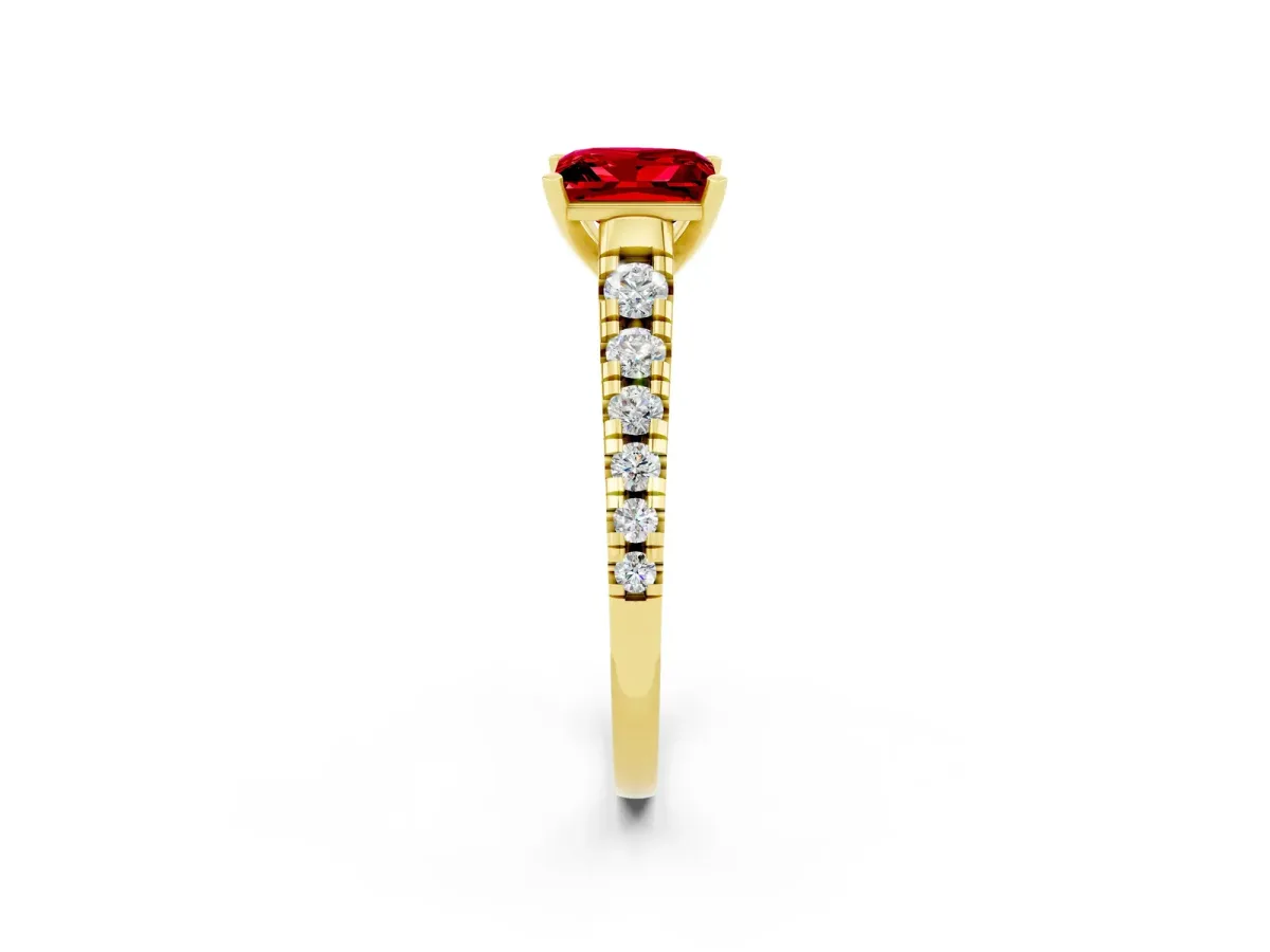 Princess Cut Ruby Cathedral Solitaire Ring with Round Pavé Band Yellow gold