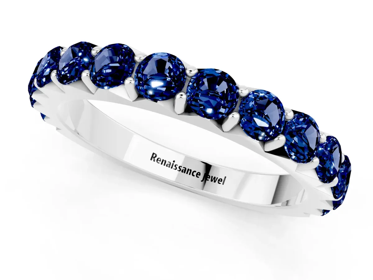 Round Blue Sapphire Half Eternity Band with Classic Prong Setting Silver