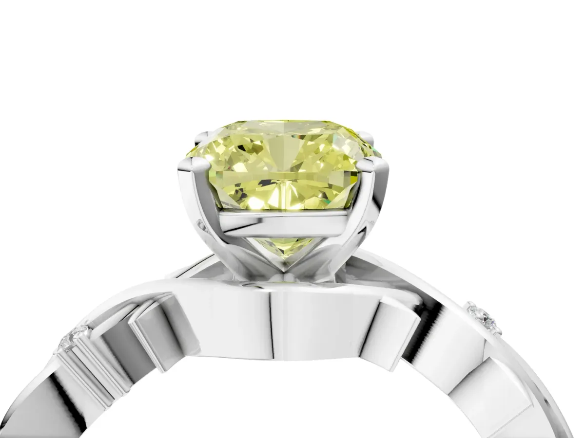 Fancy Yellow Cushion Cut Diamond Solitaire Ring with Twisted Band and Prong Setting Platinum