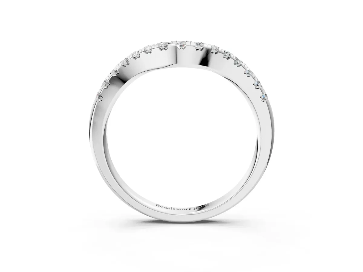 Curved Round Diamond Wedding Band with Pavé Setting and Shared Prong Silver