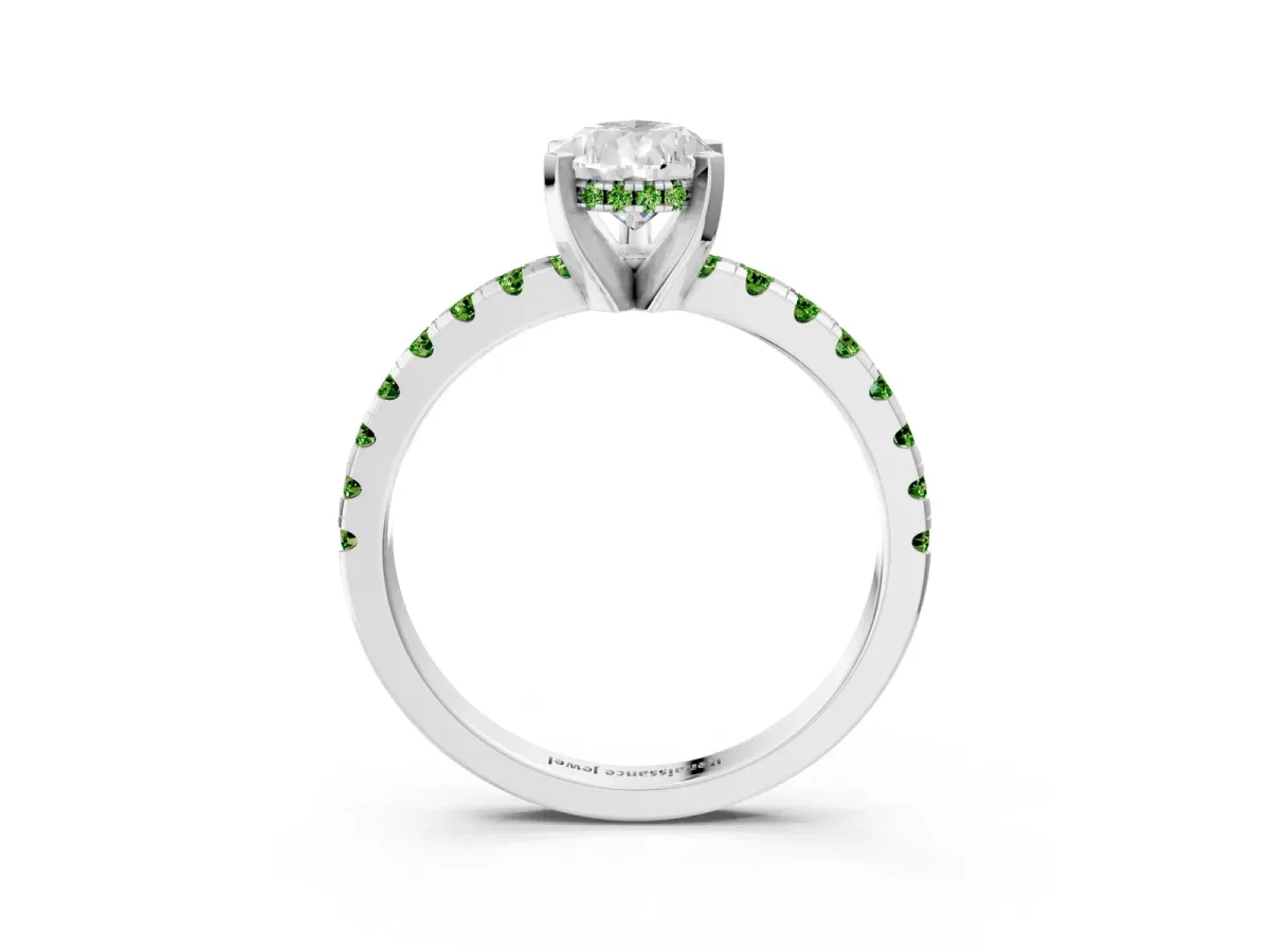 Pear Cut Diamond Solitaire Ring with Round Peridot Pavé Band and Four-Prong Setting Silver