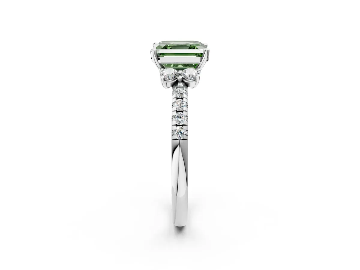 Fancy Green Asscher Cut Diamond Three-Stone Pave Band with Four-Prong Setting Platinum