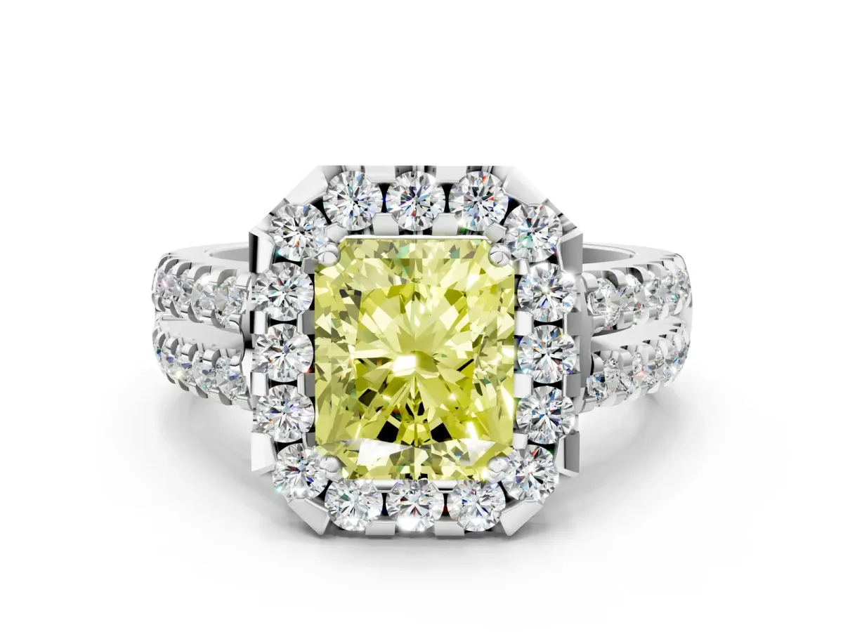 Fancy Yellow Radiant Cut Halo Diamond Split Shank Engagement Ring with Prong Setting Platinum