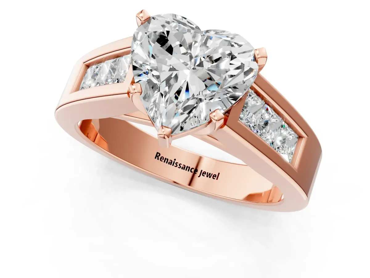 Heart Cut Cut Channel Set Solitaire Ring with Four-Prong Setting Rose gold