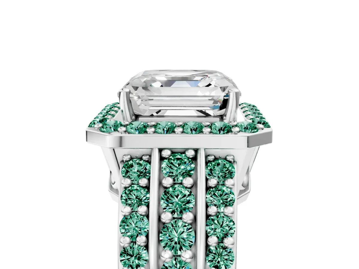 Asscher Cut Halo Diamond Ring with Round Green Sapphire Split Shank and Prong Setting Silver