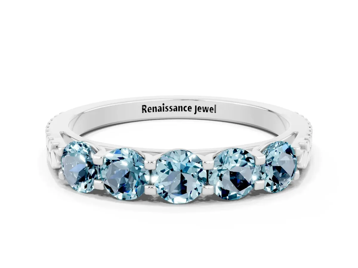 Five-Stone Round Aquamarine Prong-Set Band Silver