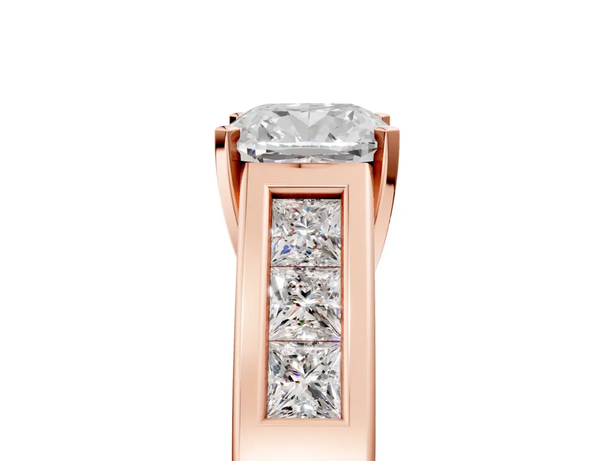 Cushion Cut Cut Channel Set Solitaire Ring with Four-Prong Setting Rose gold