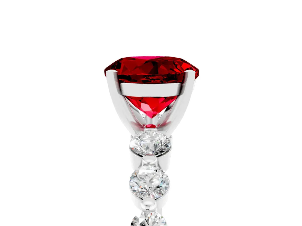 Round Cut Solitaire Ruby Ring with Pave Band and Four-Prong Setting Silver