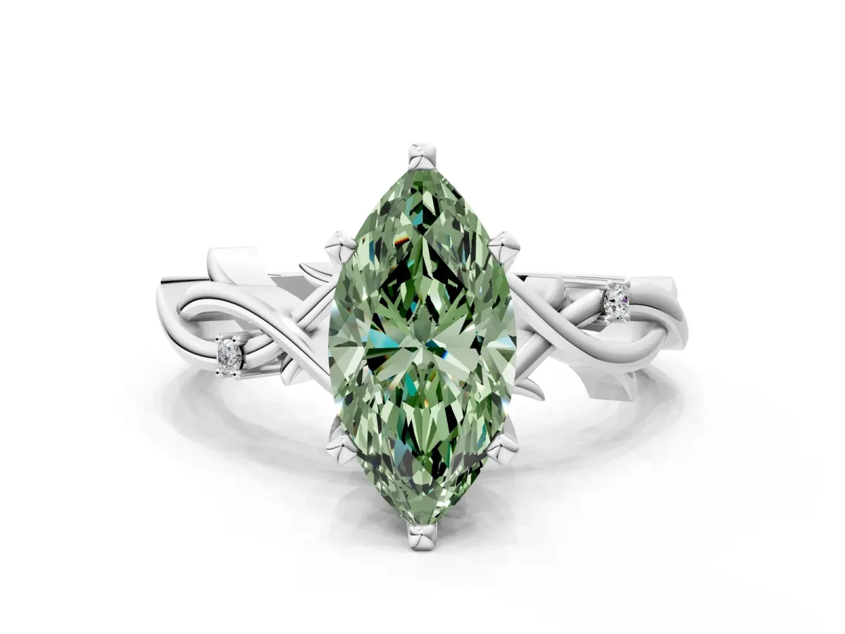 Fancy Green Marquise Cut Diamond Solitaire Ring with Twisted Band and Prong Setting Silver
