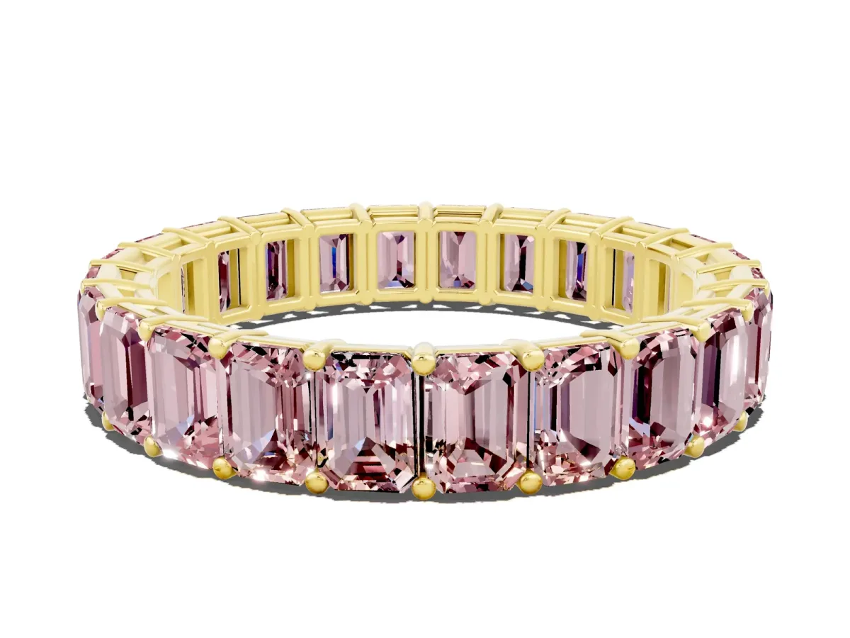 Emerald Cut Morganite Eternity Band with Shared Prong Setting Yellow gold