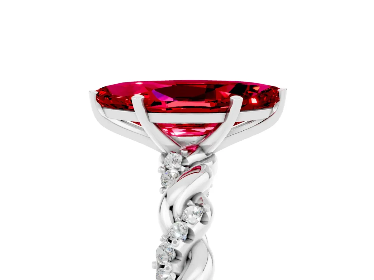 Marquise Cut Ruby Solitaire Ring with Twisted Band and Pavé Accents Platinum