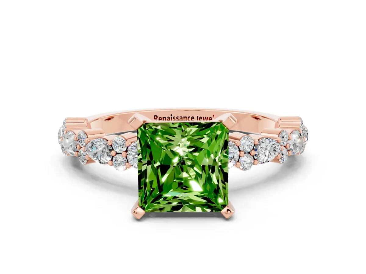 Princess Cut Peridot Side Stone Solitaire Ring with Round and Four-Prong Setting Rose gold