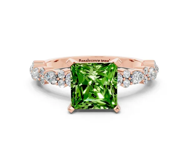 Princess Cut Peridot Side Stone Solitaire Ring with Round and Four-Prong Setting Rose gold