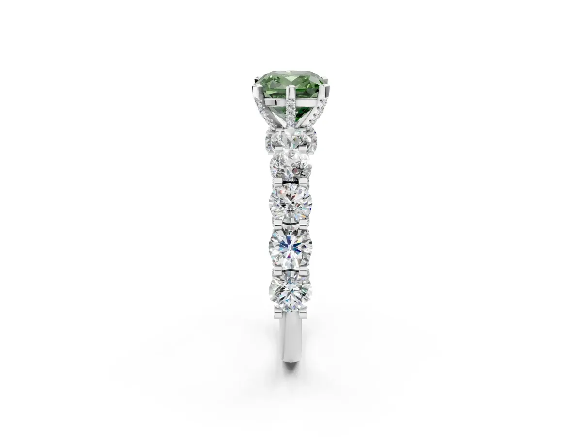 Fancy Green Cushion Cut Diamond Side Stone Engagement Ring with Four-Prong Setting White gold