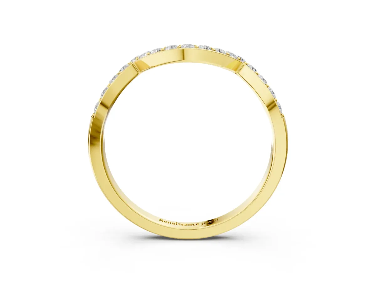 Curved Pave Round Diamond Contour Band with Shared Prong Setting Yellow gold