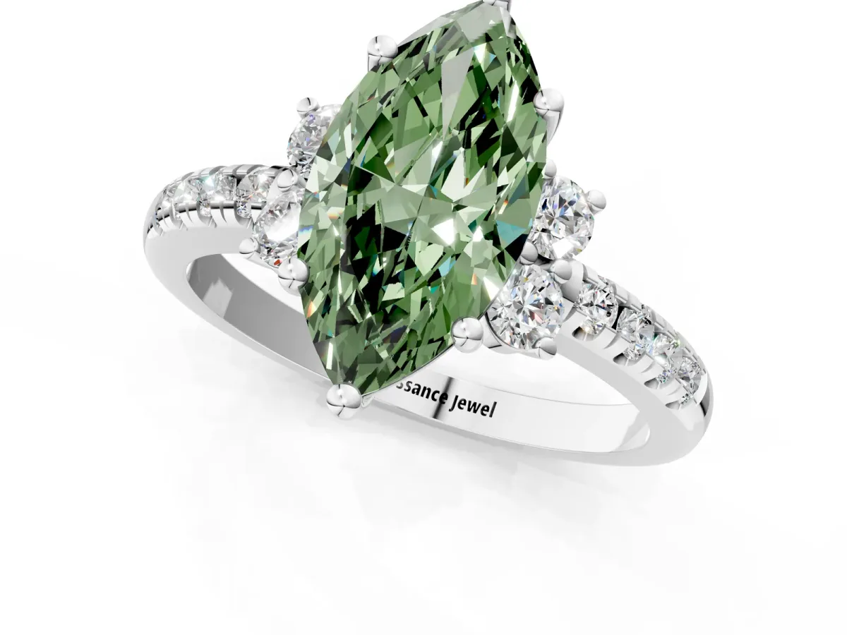 Fancy Green Marquise Cut Diamond Three-Stone Pave Band with Four-Prong Setting Silver