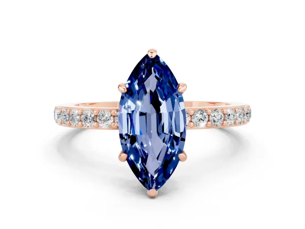 Marquise Cut Blue Sapphire Solitaire Engagement Ring with Pavé Band and Four-Prong Setting Rose gold
