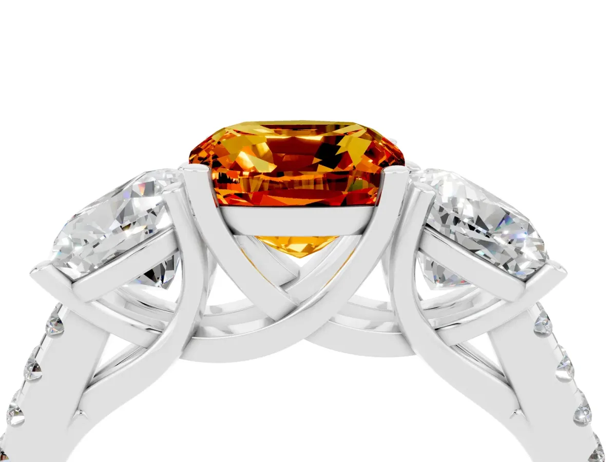 Three-Stone Cushion Cut Citrine Ring with Round Pavé Band and Prong Setting Platinum