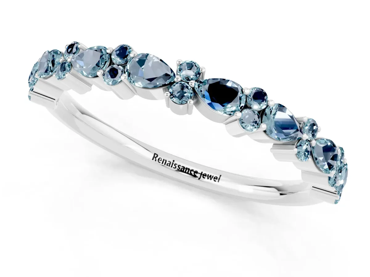 Pear and Round Aquamarine Wedding Band Silver