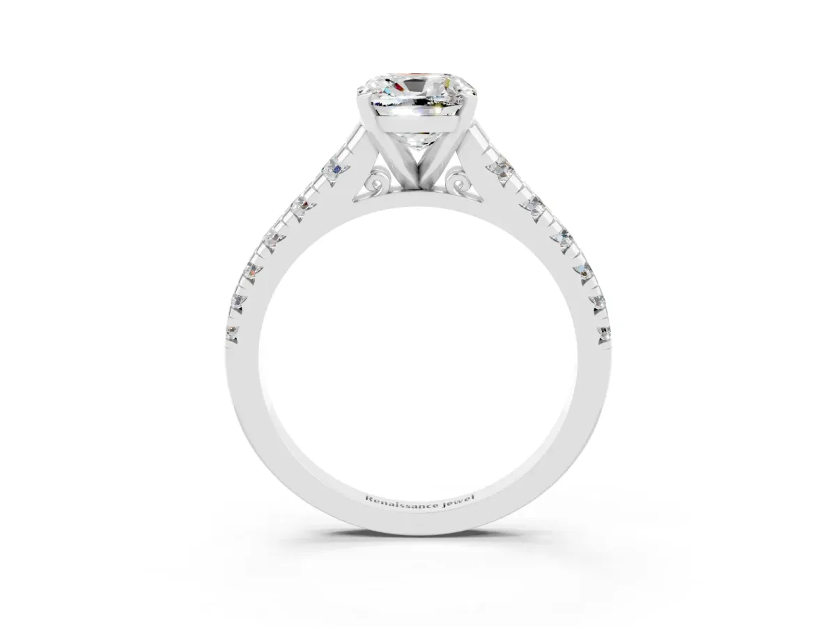 Cushion Cut Moissanite Cathedral Solitaire Ring with Round Pavé Band Silver