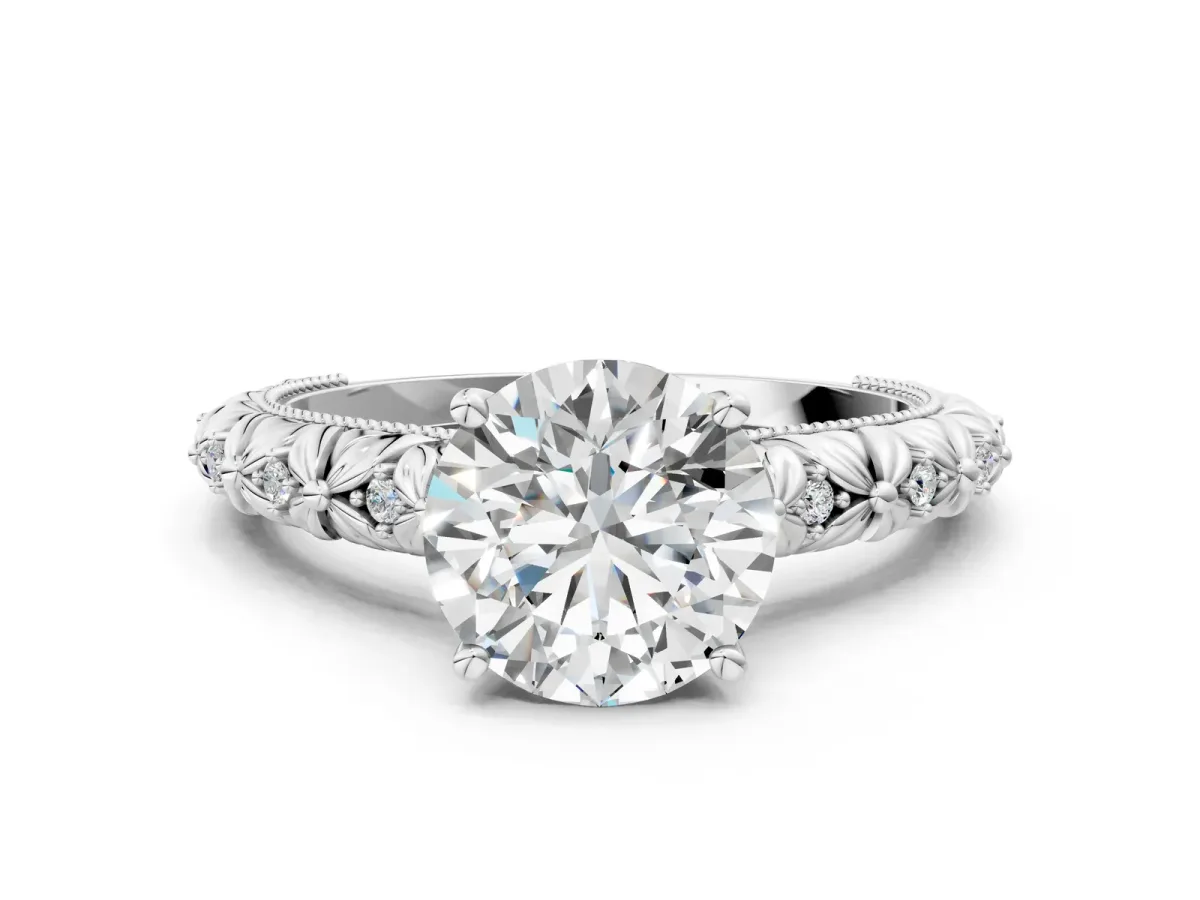 Round Cut Solitaire Floral Milgrain Engagement Ring Silver