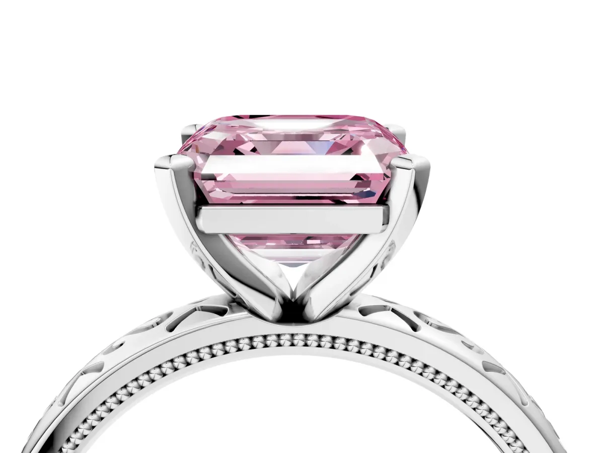 Fancy Pink Asscher Cut Solitaire Engagement Ring with Scrollwork Band and Four-Prong Setting Platinum