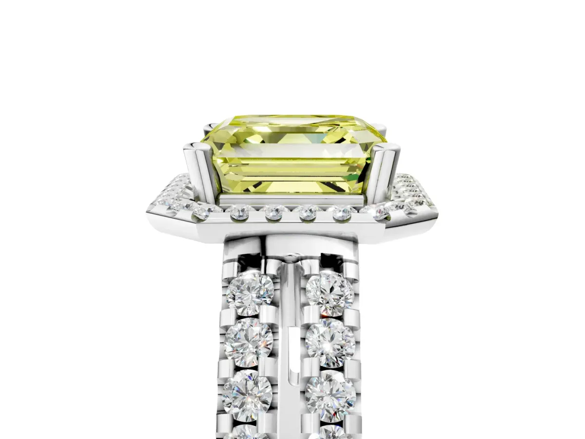 Fancy Yellow Asscher Cut Halo Diamond Split Shank Engagement Ring with Prong Setting Platinum
