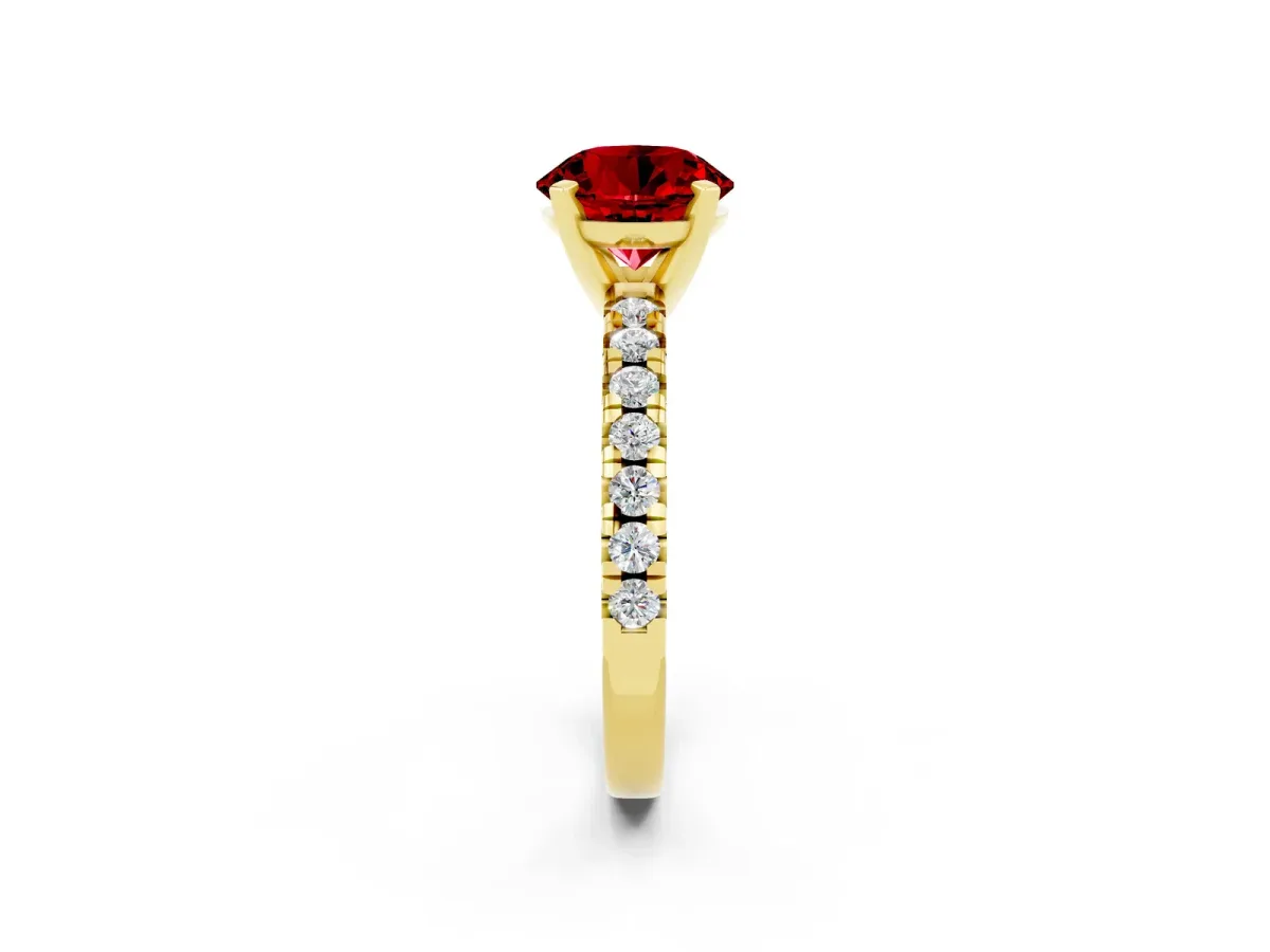 Round Cut Ruby Solitaire Pavé Engagement Ring with Round Band and Prong Setting Yellow gold